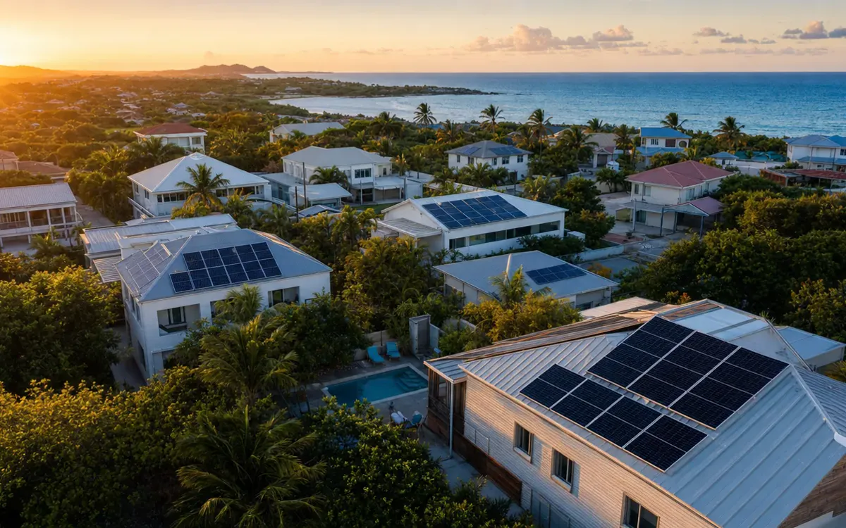 Vue aérienne de maisons équipées de panneaux solaires en Guadeloupe, au coucher du soleil, avec la mer en arrière-plan