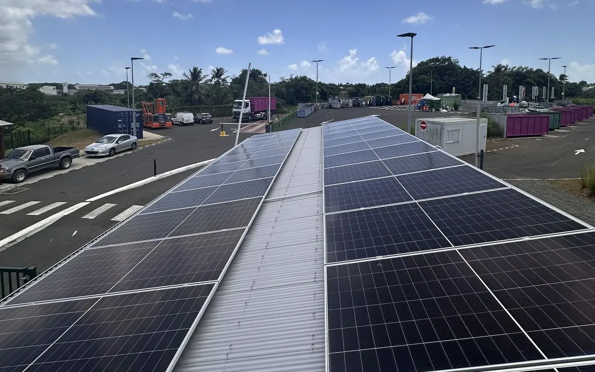 Panneaux solaires en toiture sur un bâtiment en Guadeloupe, palmiers et ciel tropical en arrière-plan